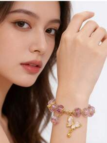 1pc Princess Style Elegant Rose Blue & Pink Alloy Enamel Bracelet With Butterfly Pendant, Suitable For Women's Daily Wear - Baby Blue - View 7