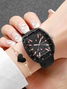 2pcs/Set Women's Silicone Watch With Barrel Shape Dial, Numeric Scale Dial, & Elegant Quartz Wristwatch + Heart-Shaped Bracelet (Watch Box Not Included) - Black - View 2