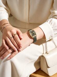 1件装奢华复古女士石英表，桶形表盘设计，金色阿拉伯数字时标，镀金合金表壳，简约优雅风格，适合日常佩戴、办公、派对、婚礼、斋月聚会等各种场合。 - 綠色 - 查看 8