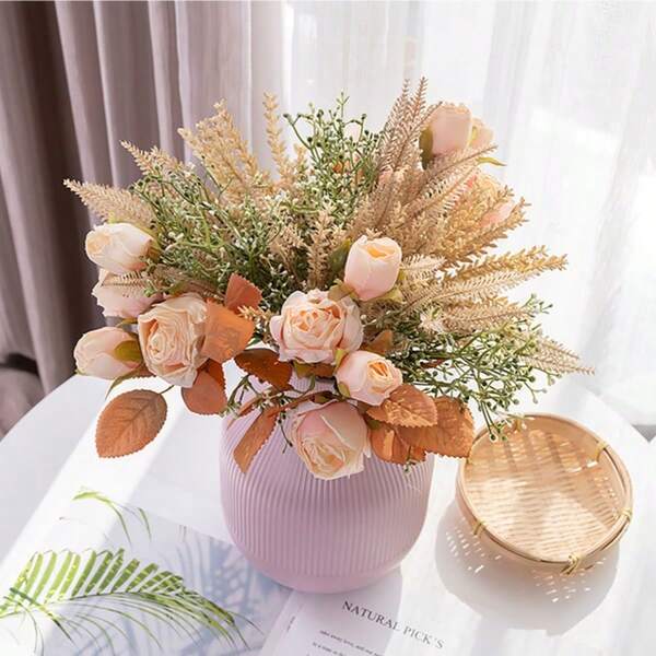 1 Set Dried Rose Artificial Flowers, Home Decor, Wedding Bouquet, Rose Wall, Silk Flower Arrangement, Plastic Floral, Home Kitchen Garden Party Table Decoration