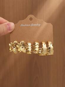 4/6/16pcs Fashionable Rose Flower & Wing Geometric Multi-Element Golden Metal Earring Set, Women Stylish Earring Set, Suitable For Daily Wear - Gold - View 6