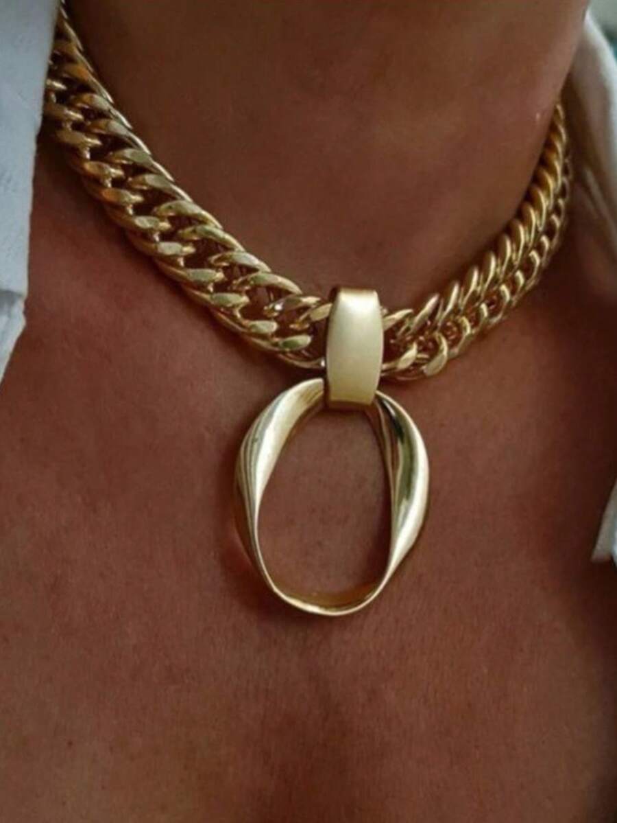 1条朋克风夸张链条项链，几何圆形吊坠项链，男士日常配饰，情侣项链 - 項鍊 - 查看 1