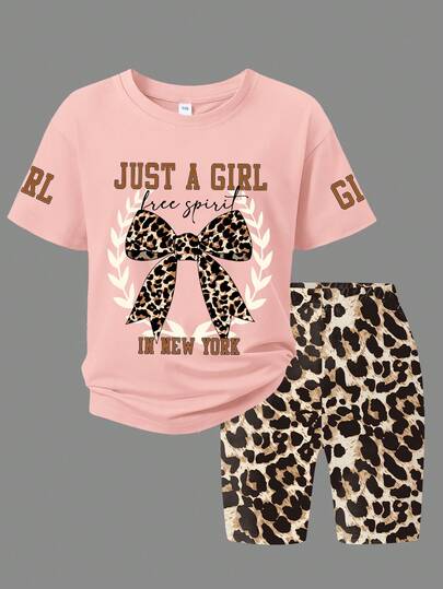两件套少女字母印花短袖T恤+豹纹短裤，时尚简约风格两件套，适合外出、日常休闲、夏季校园穿着