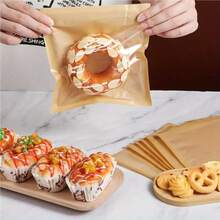 100 Túi nướng có thể hàn kín bằng nhiệt, có cửa sổ, làm bằng giấy Kraft chống dầu, kèm 100 nhãn dán giấy để đóng gói bánh rán, bánh mì, bánh quy, bánh mì kẹp và các loại bánh nướng khác. - màu nâu - Xem 3