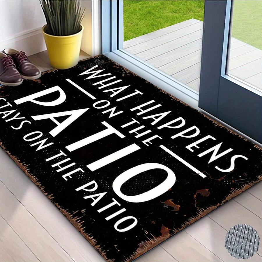 Vintage-Style Black Welcome Mat-Featuring The Slogan "What Happens On The Patio, Stays On The Patio"-Machine-Made, Washable, Non-Slip, And Portable; A Premium, Durable, Non-Slip, And Absorbent Indoor/Outdoor - White - View 1