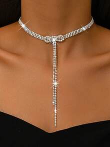 一套首饰（项链+耳环），闪亮蝴蝶结水晶流苏项链套装，镀银材质，适合晚宴、情人节礼物 - 銀色 - 查看 2