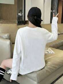 女士百搭纯白色长袖宽松休闲打底T恤，适合学生、日常穿着、通勤等场合，春季必备 - 白色 - 查看 2