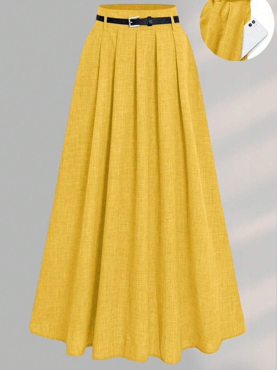 Chân váy xếp ly dáng xòe màu trơn dành cho nữ, thích hợp mặc đi làm hàng ngày, có thắt lưng, kiểu dáng mùa xuân. - Màu vàng - Xem 1