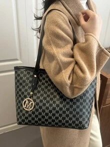 女士手提包，带字母吊饰和印花设计，休闲百搭单肩包 - 彩色 - 查看 2