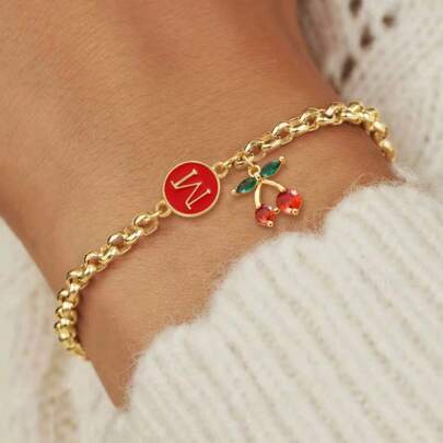 1 chiếc mặt dây chuyền hình tròn đính đá nhân tạo màu đỏ hình quả anh đào, kiểu dáng thời trang mới, kèm dây chuyền thép không gỉ mạ vàng, dành cho nữ.