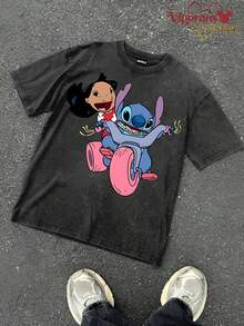 Disney Vintage Washed 230g Casual T-Shirt | Stitch & Lilo Riding Cartoon Print Short Sleeve - 黑色 - 查看 2