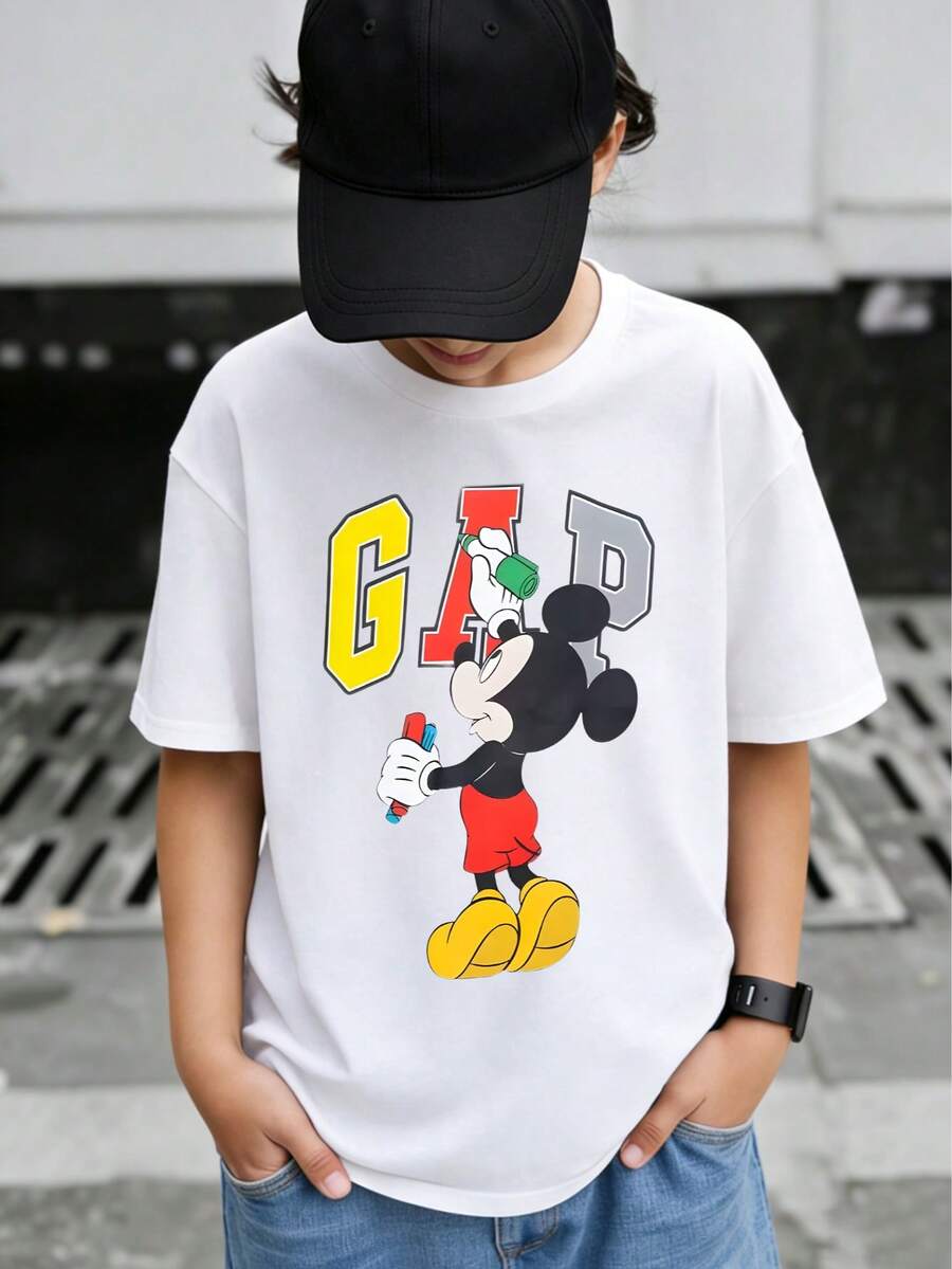 Disney Mickey Mouse Boys Crew Neck Short Sleeve T-Shirt For Ages 2-14, Kids Casual Graphic Tee With Colorful Mickey Print, Ideal For Daily Play & School, Express Delivery - 白色 - 查看 1