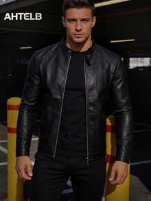 AHTELB Chaqueta de cuero casual y retro para motocicleta para hombres, negra para primavera y otoño - Negro - Ver 1