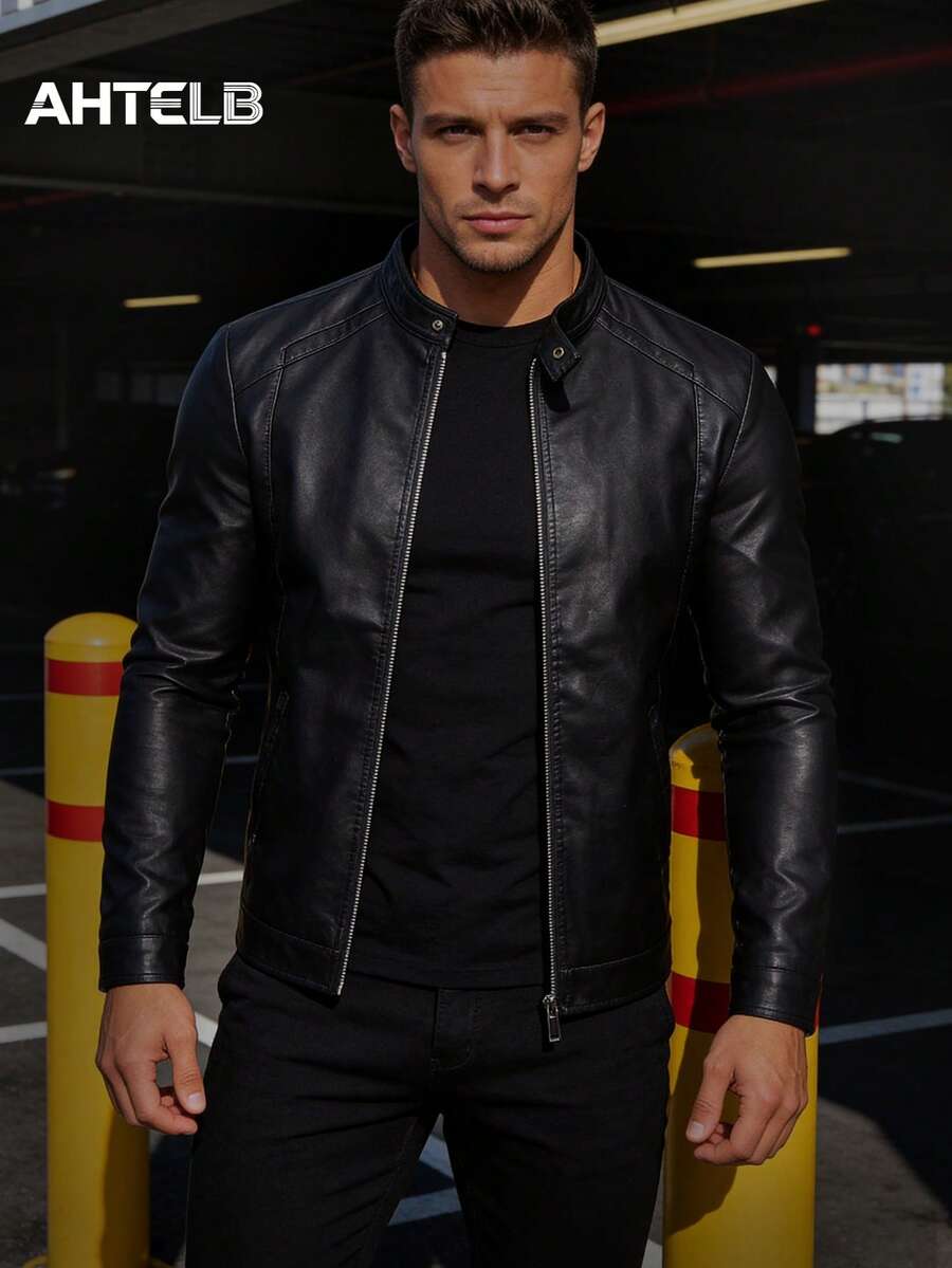 AHTELB Chaqueta de cuero casual y retro para motocicleta para hombres, negra para primavera y otoño - Negro - Ver 1