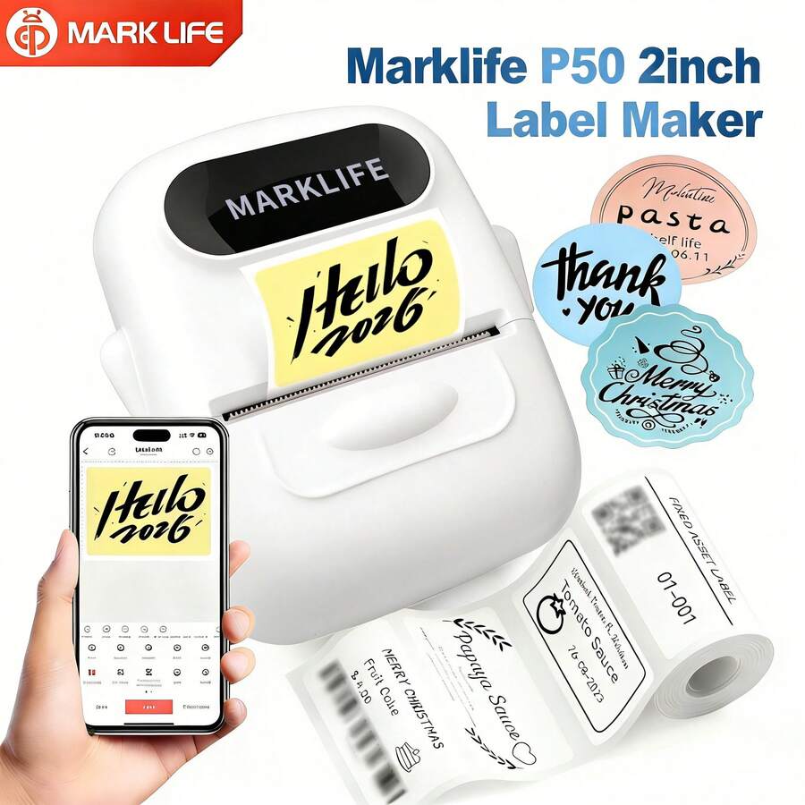 Marklife P50 Label Maker- Thermal Label Printer, Four Colors Are Available For Selection, Portable Label Makers For Product, Address, Small Business, Sticker, Home, DIY, Compatible With Android, IOS & Windows, With 1 Roll 50*80mm Label Sticke