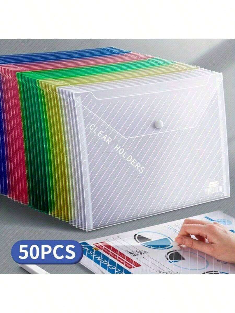 20个装或50个装A4尺寸加厚防水文件袋，带按扣，透明，彩色办公学习用品文件袋