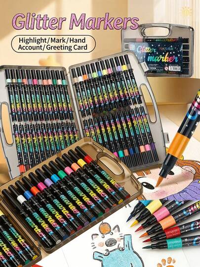 12-80 colores Marcadores con puntas de brillo, bolígrafos de acuarela perlada, adecuados para niños y estudiantes, bolígrafos de dibujo de brillo neón, con estuche de regalo portátil, aplicables para diarios, garabatos, pintura artística, útiles escolares y de oficina, regalo ideal para el cumpleaños de los niños y el regreso a la escuela