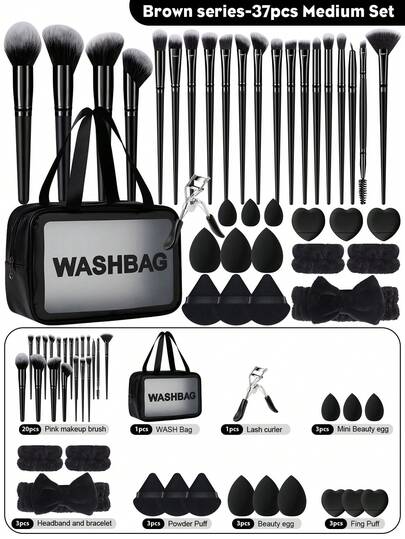 37PCS Makeup Tools Set Including:20PCS Makeup Brush Set+3PCS Makeup Sponges+3PCS Triangle Powder Puffs+3PCS Mini Air Cushion Powder Puffs+3PCS Mini Makeup Sponges+1pc Eyelash Curler+1pc Hairband+2PCS Hand Bowl Strap+1pc Multi-Functional Zipper Toiletry And Cosmetic Bag Waterproof