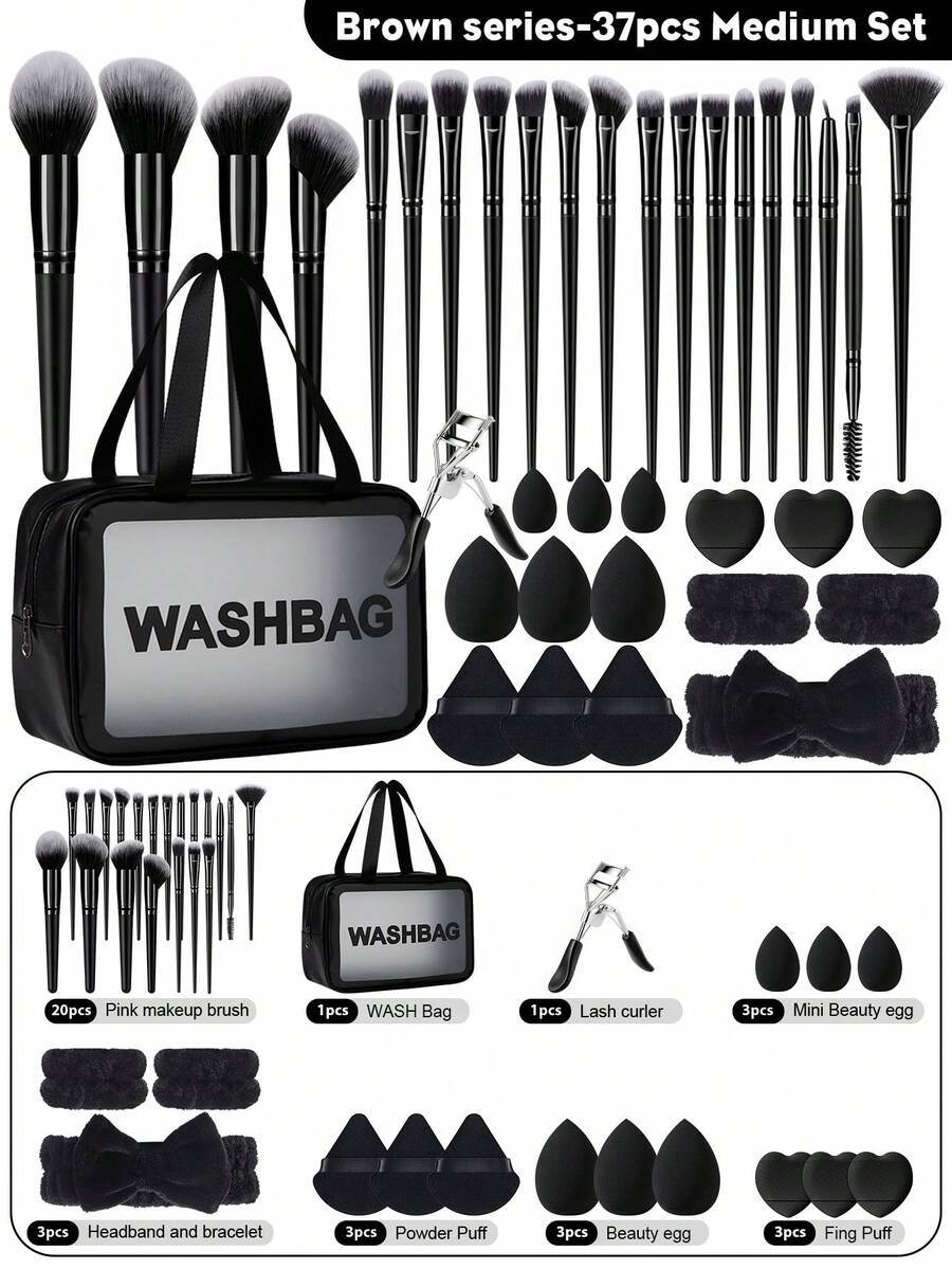 37PCS Makeup Tools Set Including:20PCS Makeup Brush Set+3PCS Makeup Sponges+3PCS Triangle Powder Puffs+3PCS Mini Air Cushion Powder Puffs+3PCS Mini Makeup Sponges+1pc Eyelash Curler+1pc Hairband+2PCS Hand Bowl Strap+1pc Multi-Functional Zipper Toiletry And Cosmetic Bag Waterproof - Multicolor - View 1