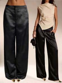 Women's Satin Silk Solid Color Pants With Pockets And Zipper, Suitable Vacation, Office, Brunch, Airport , All Seasons Black Spring - màu đen - Xem 1