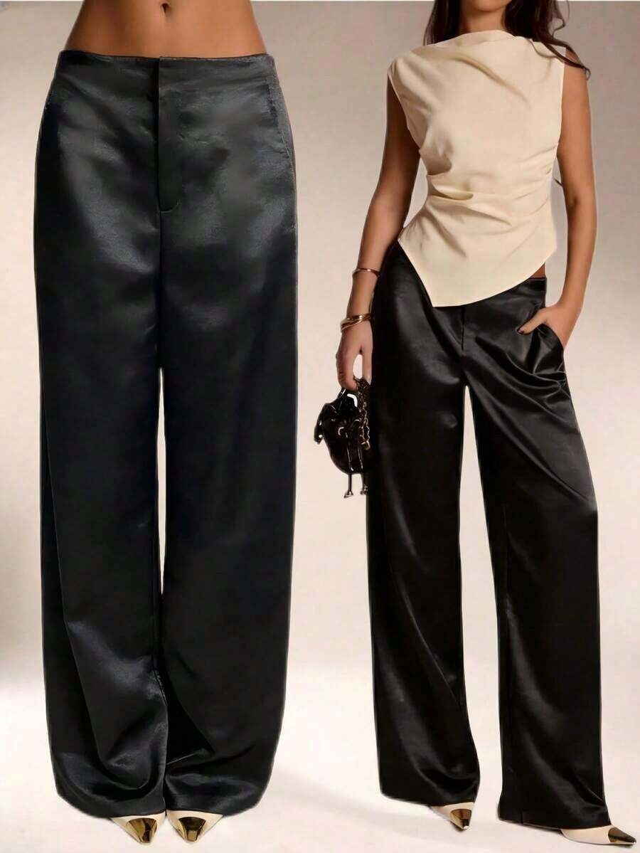 Women's Satin Silk Solid Color Pants With Pockets And Zipper, Suitable Vacation, Office, Brunch, Airport , All Seasons Black Spring - màu đen - Xem 1