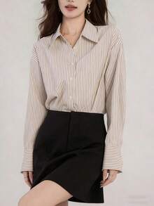 Women's Long Sleeve Striped Color Block Textured Office Shirt Spring - Apricot - View 4
