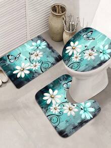 [Rustic Shower] 4pcs Rustic Farmhouse Shower Curtain Set Farm Teal Daisy Floral Bathroom Set With Non-Slip Rugs, U-Shaped Mat, Toilet Seat Cover, Machine Washable Shower Curtain With 12 Hooks, Country Wooden Design With Flowers And Butterflies - A - View 7