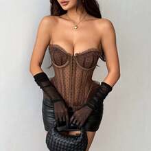 Women's Polka Dot Lace Corset Top With Front Button Closure & Tie-Front Straps, Black/White/Apricot/Brown Strapless Bustier With Built-In Underwire, Removable Pads & Visible Boning, Street-Ready Hot Girl Style For Parties, Daily Wear & Layering - 杏色 - 查看 4
