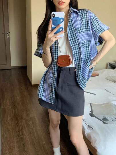 复古美式设计百搭撞色条纹格子宽松休闲短袖衬衫 夏季