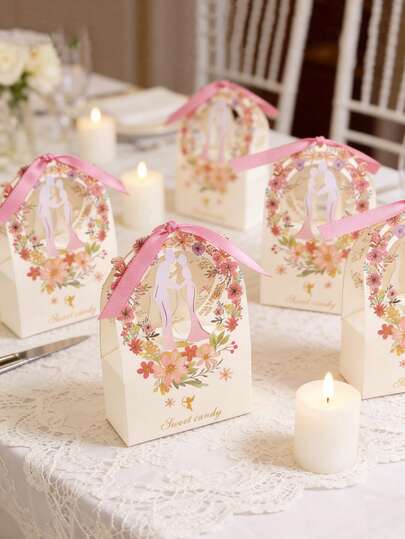 5/10/20pcs Wedding Gift Boxes With Ribbons - Floral & Heart Design, Pastel Colors, Small Paper Packaging For Valentine'S Day, Bridal Showers, And Weddings, Wedding Decorations