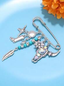 1件新款西部牛仔风格牛头靴羽毛胸针，时尚牛仔多元素胸针配饰 - 彩色 - 查看 4