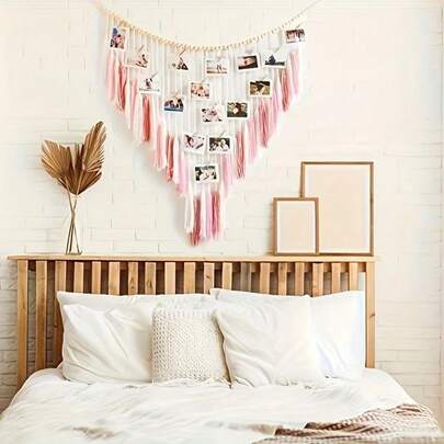 【热门推荐】波西米亚风流苏照片展示架，带夹子 - 大号腮红粉色壁挂，配木珠流苏，非常适合卧室、客厅、厨房装饰和女孩房