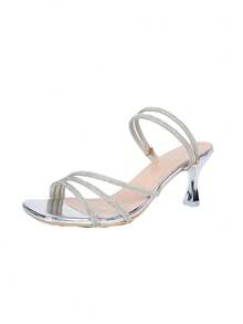 Metallic Color Rhinestone Strap Elegant Open Toe High Heel Sandals, Suitable For Casual Daily Wear And Party Events In Spring/Summer For Teenagers - Silver - View 8