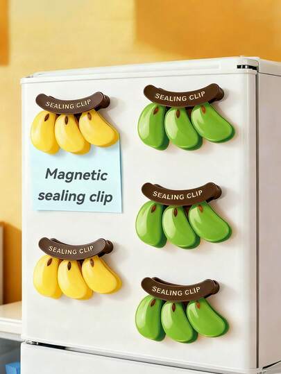 1/2 set Imán de nevera con forma de plátano creativo y clip de sellado, 3 pinzas de sellado para snacks, pan y alimentos. Sellado hermético para bolsas de embalaje. Clips para bolsas de plástico. Imanes decorativos divertidos de 3D para nevera, utensilios de cocina, almacenamiento y organización del hogar