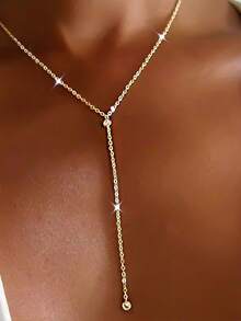 1件装女士时尚Y字形项链，S925纯银镶嵌合成立方氧化锆，简约优雅设计，礼盒包装，适合日常佩戴、度假、情人节、生日、母亲节等场合。 - 金色 - 查看 4