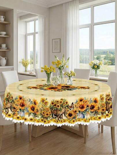 1 pieza Mantel de color amarillo girasol, cubierta de mesa de patrón floral vintage de poliéster, redonda/cuadrada/rectangular, con diseño de encaje, resistente a las manchas y fácil de lavar, adecuado para la decoración del hogar diaria, bodas, Día de la Madre, Día del Padre, fiestas, cocina y comedor, primavera/verano, mantel de estilo búfalo a cuadros con girasol y borde en relieve, aplicable para uso en el hogar, cocina, comedor, picnic, patio y uso interior/exterior