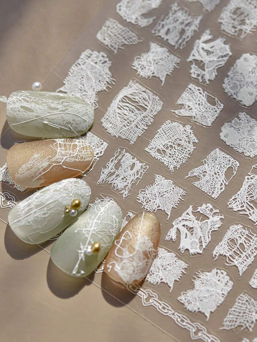 1pc 3D Embossed Nail Art Sticker, Ins Popular Japanese Ballet Style Lace Nail Decals, Self-Adhesive Nail Decoration Sticker Nail Stickers - White - View 1