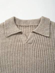 Men's Fashion Casual Holiday Daily Commute Home Versatile Pullover Sweater, Loose Fit Ribbed Solid Color Minimalist Knit Top, Long Sleeve Turn-Down Collar, Autumn/Winter - Khaki - View 8
