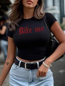 Letter Print Cropped Crew Neck Sexy Top Casual Sporty Short Sleeve Crop Top - 黑色 - 查看 1
