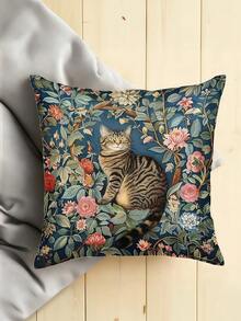 Bộ 1/2/4 vỏ gối nhung họa tiết mèo và thực vật - Vỏ gối trang trí có khóa kéo họa tiết hoa hiện đại, một mặt, thích hợp cho ghế sofa/giường (Có thể giặt máy, phù hợp cho phòng khách, văn phòng) - Màu xanh lam - Xem 6
