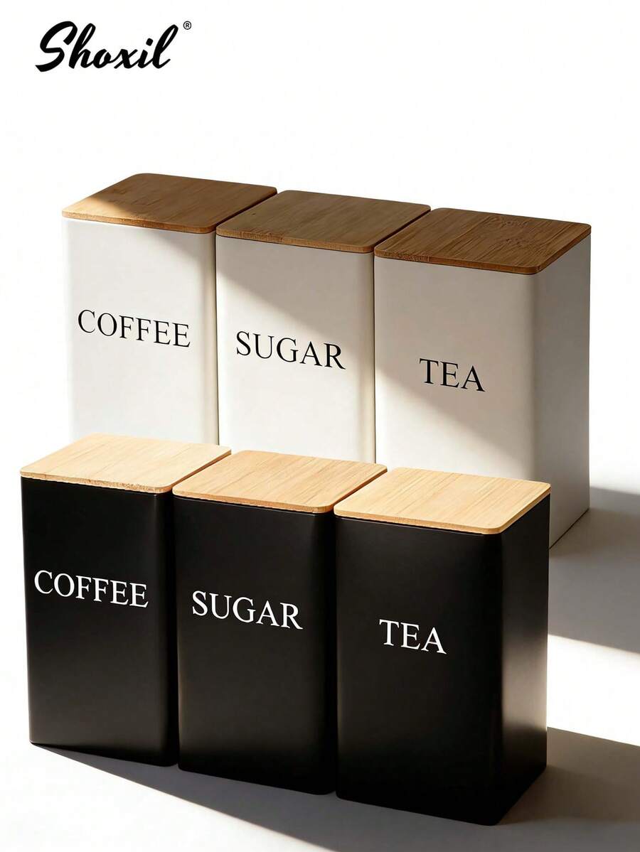 shoxil 3PCS/Set Square Coffee Storage Can, Coffee Bean Canister, Tea Canister, Sugar Canister, Bamboo Lid & Iron Body Container, For Coffee Beans, Tea Leaves, Snacks, Home Kitchens, Coffee Shops, Pantry Organization, Gift Giving - Multicolor - View 1