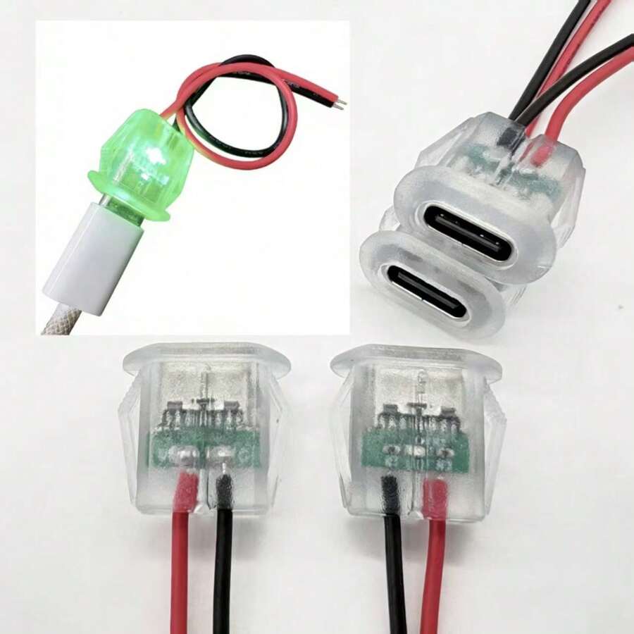 5/10 piezas Adaptador plano transparente iluminado de Tipo-C de 2 pines USB, con indicador luminoso verde, conector hembra a macho USB, cable de cobre chapado en estaño rojo y negro que soporta una corriente de 3A, adecuado para proyectos de manualidades DIY