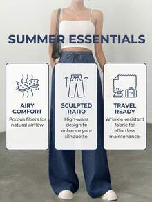 Light Blue Linen Drawstring Waist Wide Leg Pants Casual High Waist Baggy Trousers For Women - Blue - View 7