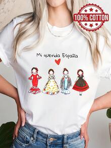 "Mi Querida España" Spanish Flamenco Dancer Graphic T-Shirt，100% Cotton Oversized Unisex Tee，Casual Summer Beach Vacation Spanish Culture T-Shirt - 白色 - 查看 3