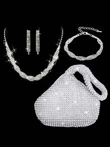 4pcs Women's Fashion Versatile Elegant Crystal Rhinestone Handbag, Necklace, Bracelet, Earrings Jewelry Set For Evening Dress Party - Silver - View 1