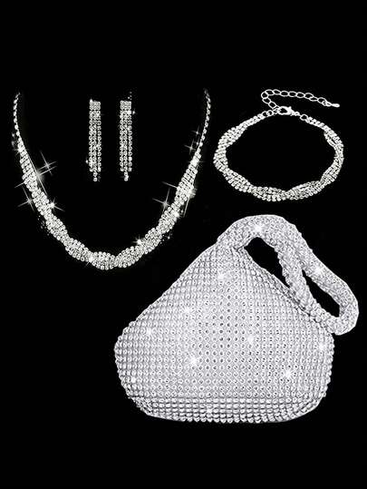 4pcs Women's Fashion Versatile Elegant Crystal Rhinestone Handbag, Necklace, Bracelet, Earrings Jewelry Set For Evening Dress Party