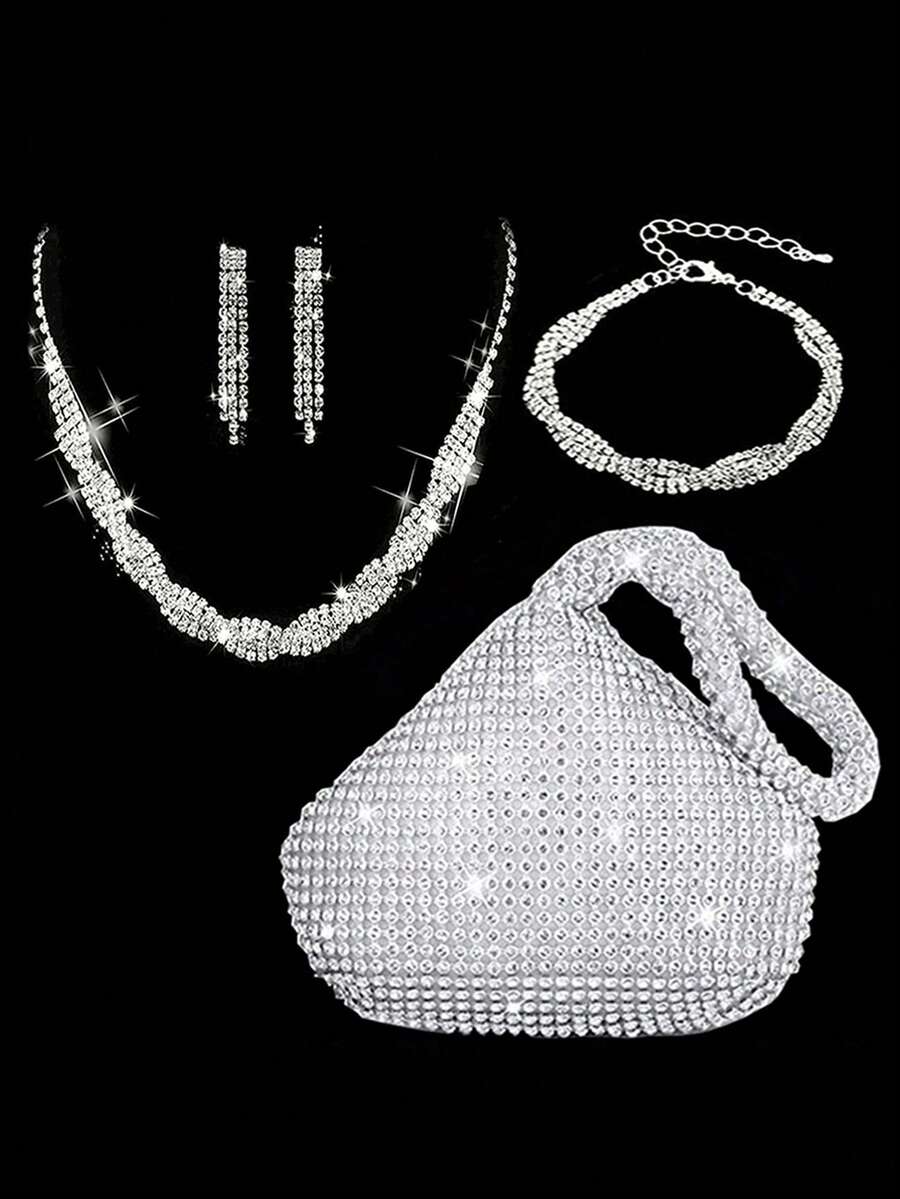 4pcs Women's Fashion Versatile Elegant Crystal Rhinestone Handbag, Necklace, Bracelet, Earrings Jewelry Set For Evening Dress Party - Silver - View 1
