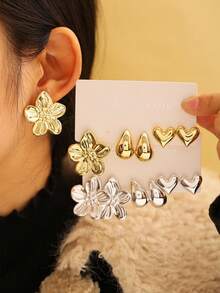 Bộ 6 đôi bông tai đính đá hình hoa, trái tim, giọt nước bằng vàng và bạc - Trang sức kim loại phối hợp thời trang, phù hợp cho phụ nữ đi làm hàng ngày và dự tiệc. - Nhiều màu - Xem 2