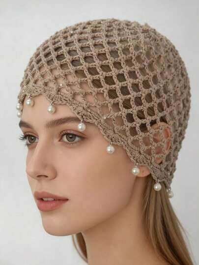 Sombrero sin ala hecho a mano con crochet de cuentas huecas, gorro de punto bohemio y transpirable para mujeres