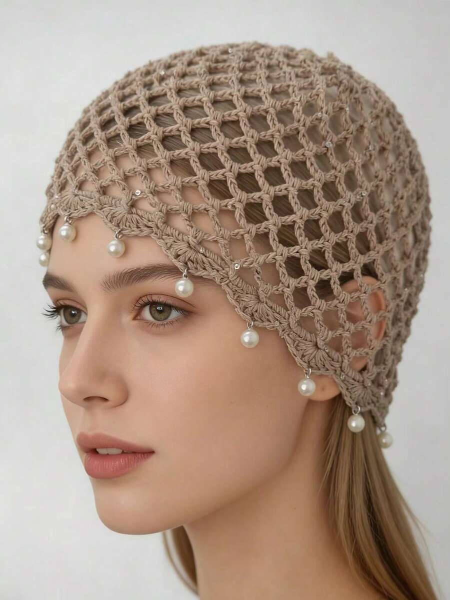 Handmade Hollow Beaded Crochet Brimless Hat, Bohemian Style Breathable Knit Beanie For Women - Multicolor - View 1